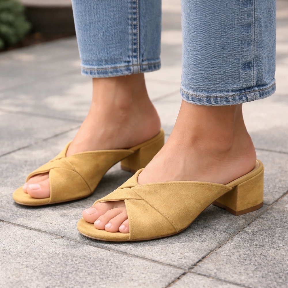 Cabi Faux Suede Block Heel Mules | Tan Crisscross Open Toe Slip-On Heels